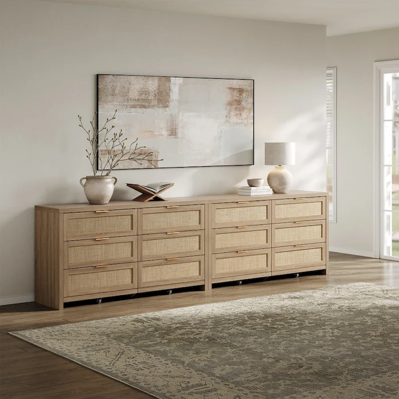 Set of 2 Elegant Right Angled Dresser with 6 Rattan Woven Drawers