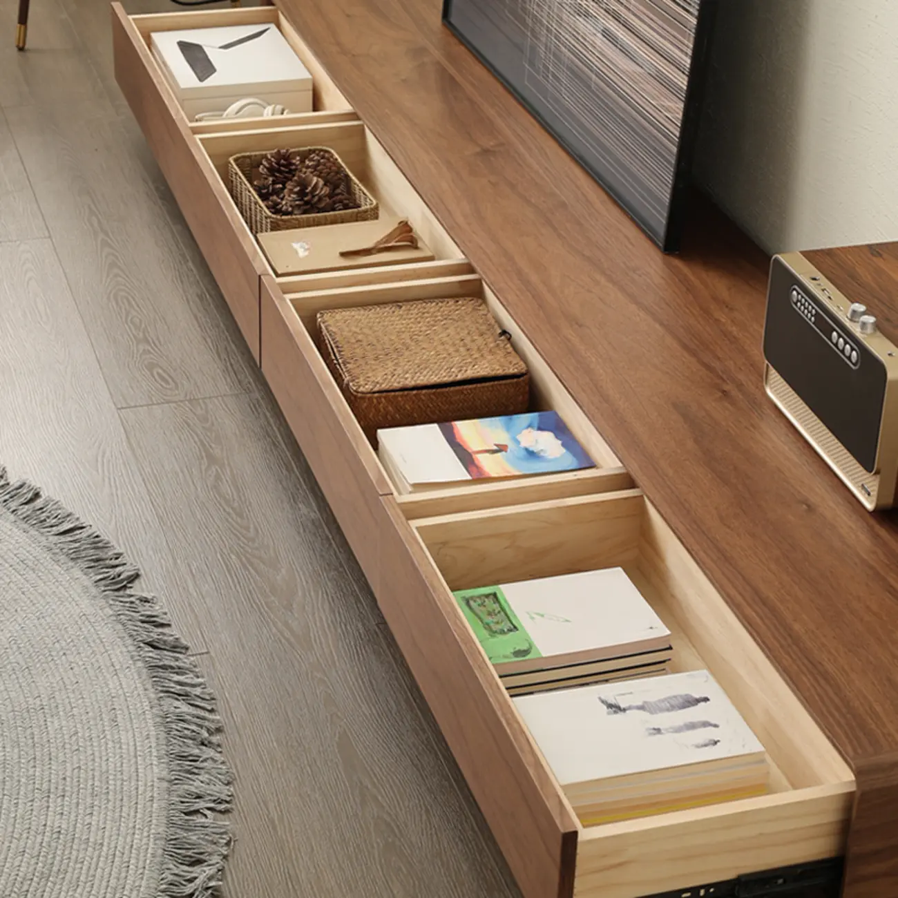 63 Brown Modern Wooden TV Stand with Cable Management