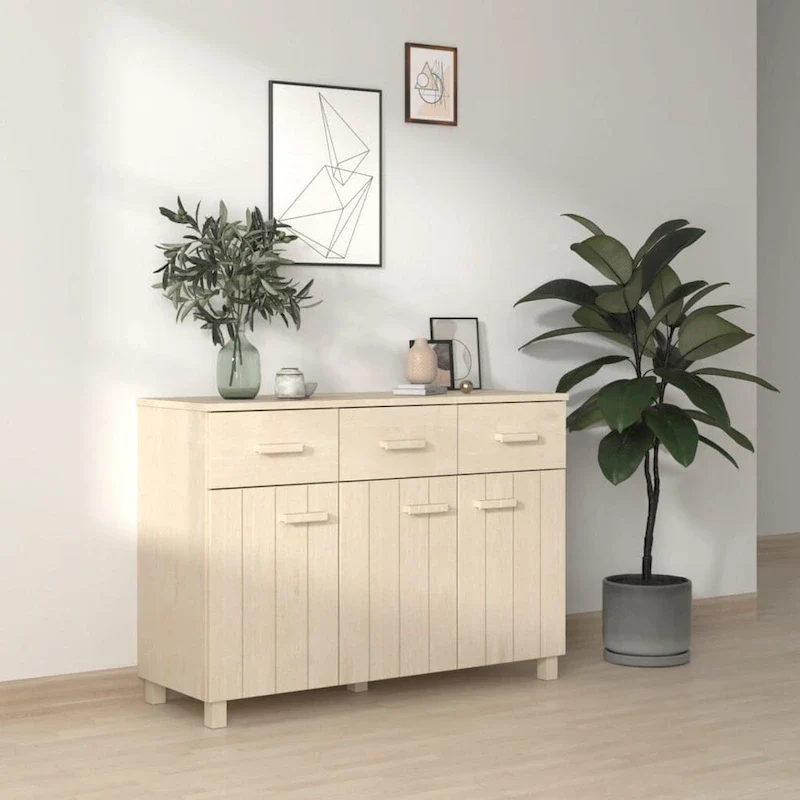 Solid Pine Sideboard with 3 Doors & 3 Drawers – Light Gray / White / Dark Gray, Seats 1