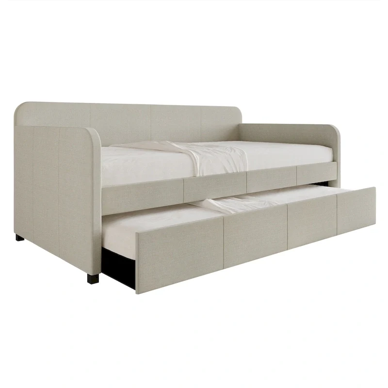 Warm Grey / Light Grey Minimalist Twin Upholstered Daybed with Trundle - Fits 2 People