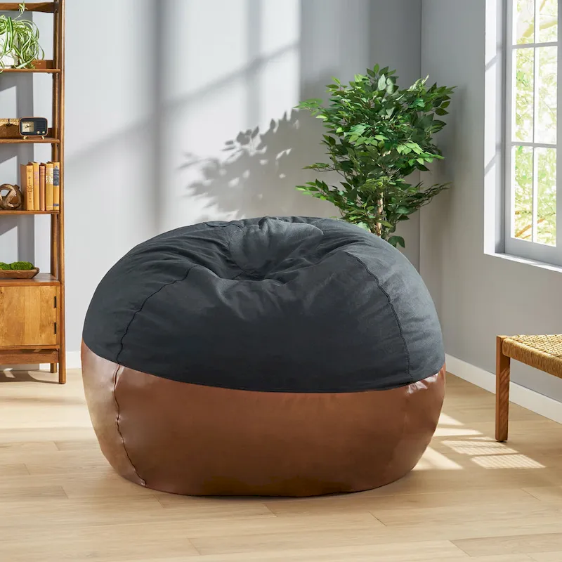 Ohnstad Modern 5 Foot Two Toned Fabric and Faux Leather Bean Bag by Christopher Knight Home