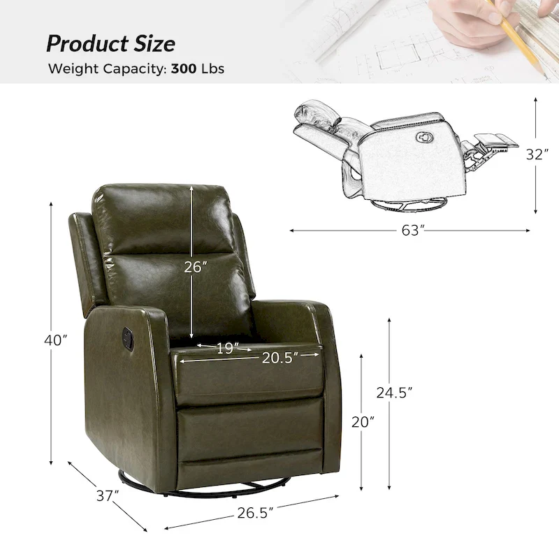 Modern Faux Leather Manual Rocking Swivel Recliner with Wingback