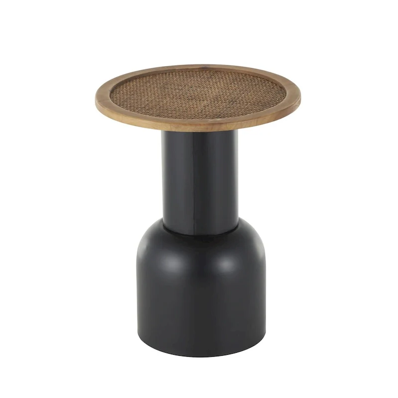 Metal Handmade Pedestal Side End Accent Table with Brown Rattan Tabletop - Black