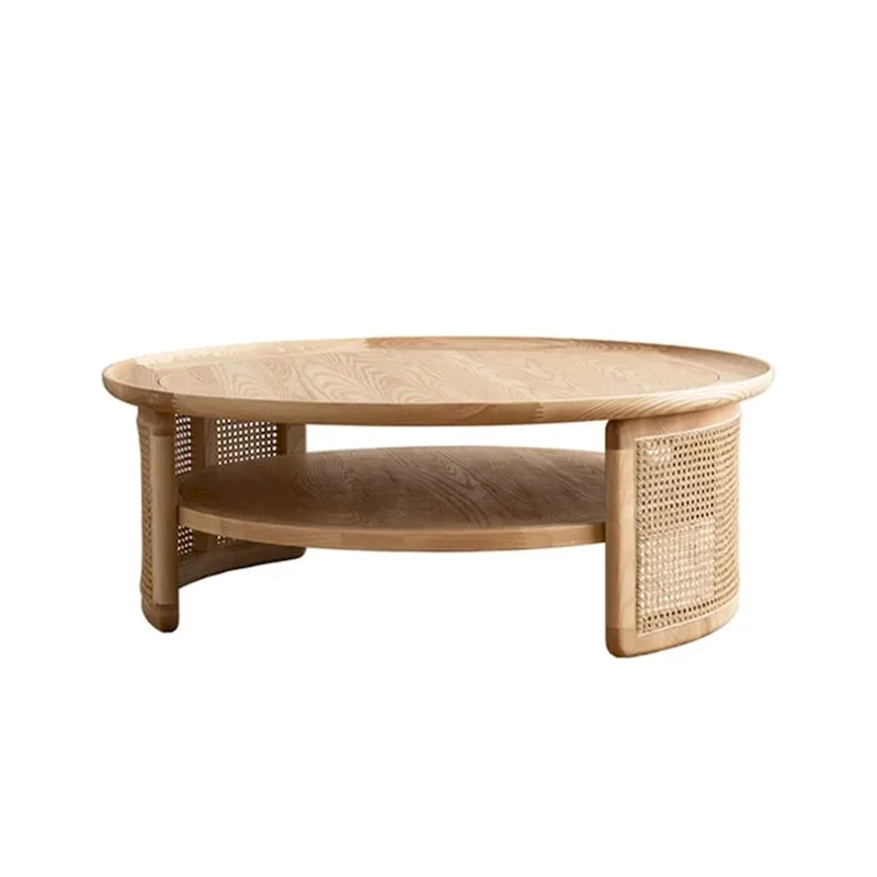 2-Tiered Round Wood Coffee Table with Rattan Base
