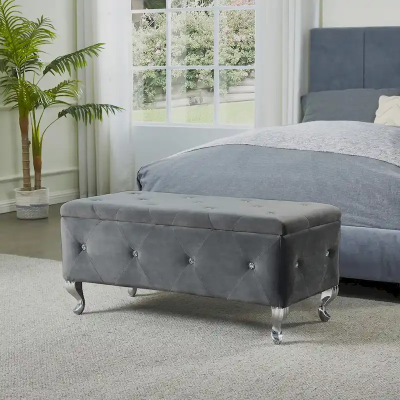 Gray Tufted Storage Bench with Crystal Buttons