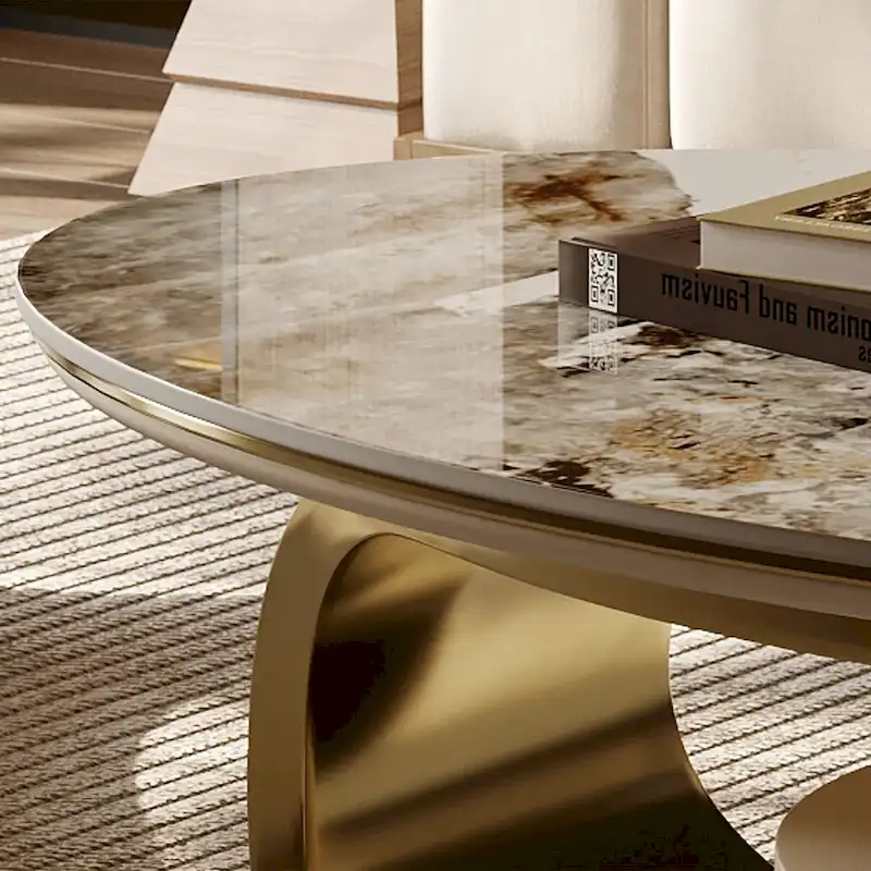 51 Modern Oval Coffee Table, Sintered Stone Top, Gold legs, Drawer - 51.2 X 27.5