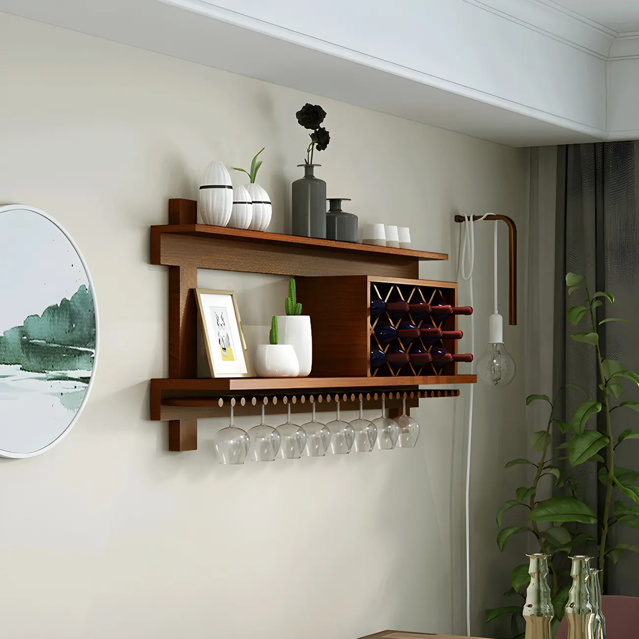 Pine Wooden Wall-Mounted Display Open Wine Bottle & Glass Rack