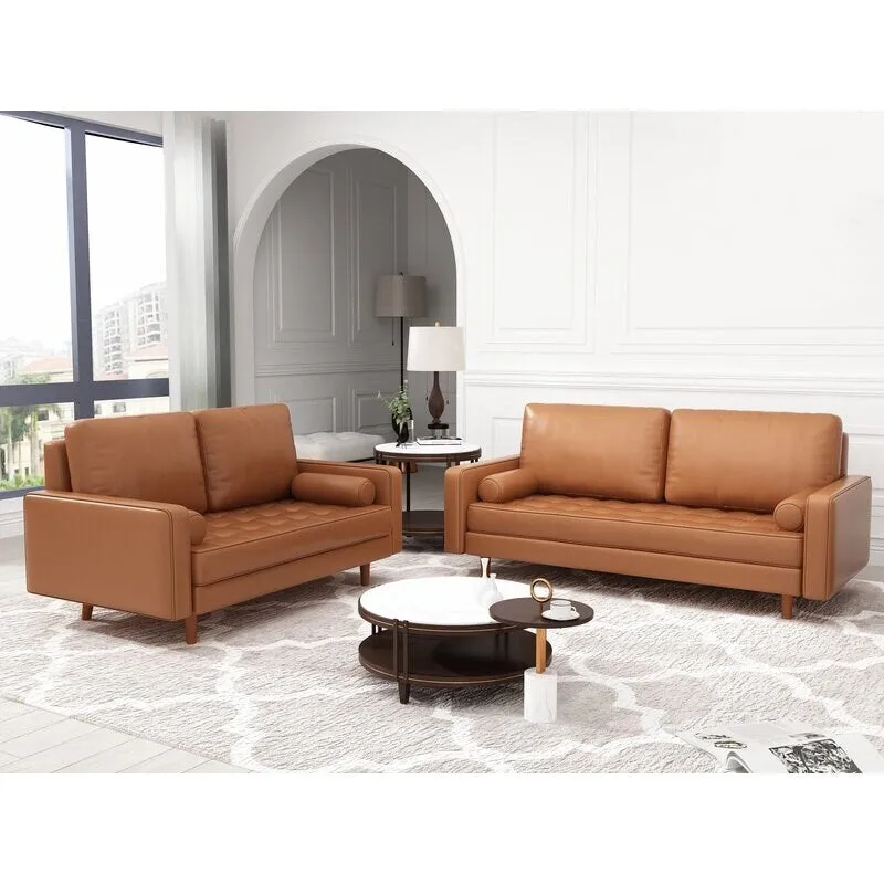 2 Piece Mid-Century Square Arm Leather Sofa Living Room Set - Sofa Width:70 &Loveseat Width:58