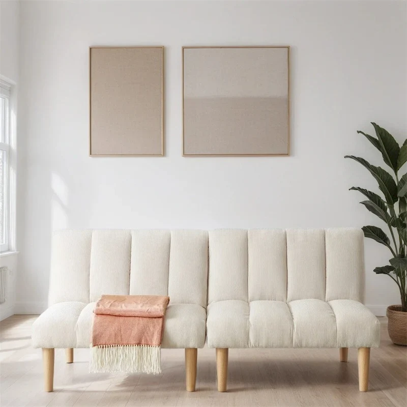 White Corduroy Convertible Sofa Bed, 2-Seat