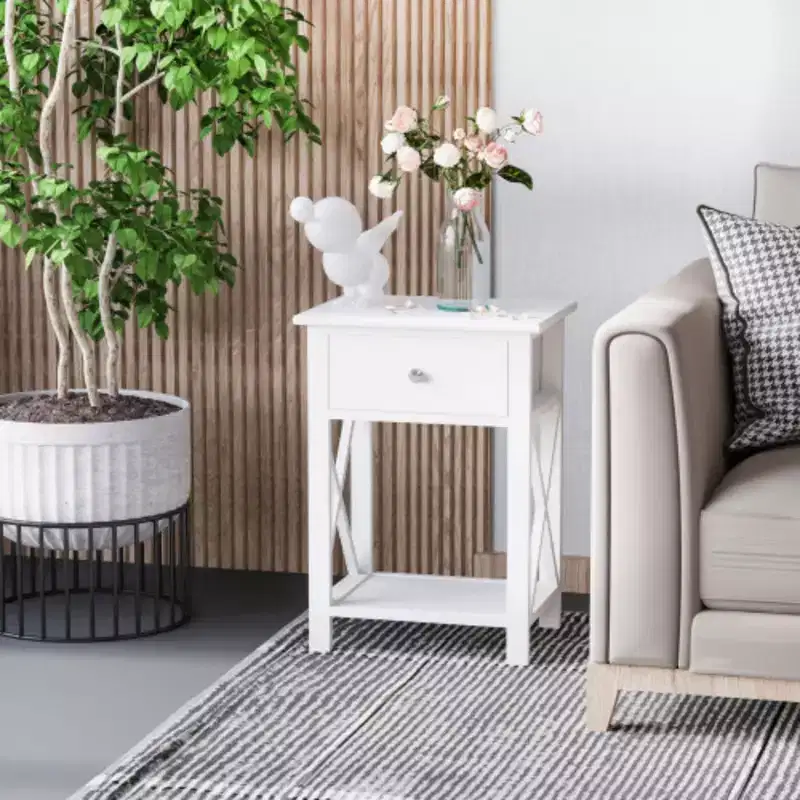 Side Table, Farmhouse End Table with Storage Drawer, Open Shelf and X-frame, Bedside Table for Living Room, White