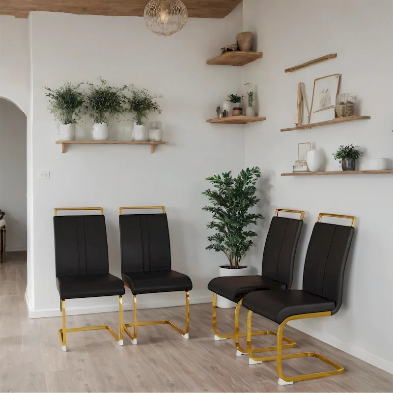 PU Leather High Back Upholstered Dining Chair w/ Metal Legs (Set of 4)