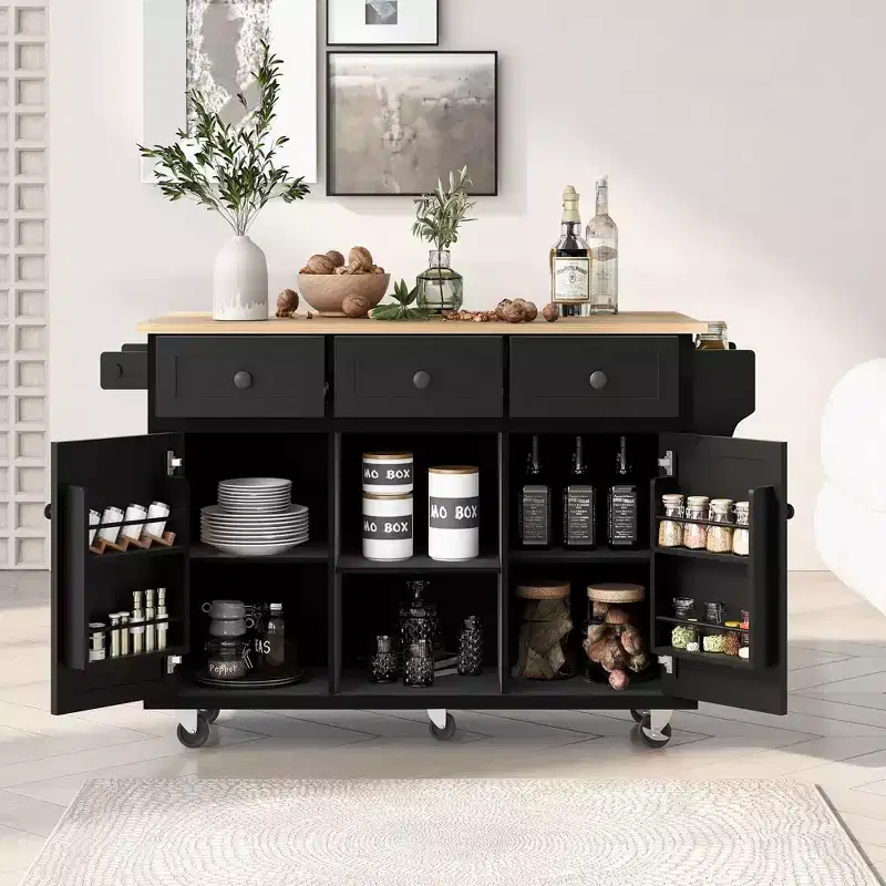 Pexfix Kitchen Island With Storage Cabinet & 3 Drawers Kitchen Cart With Rubber Wood Drop-Leaf Countertop Cabinet Storage Racks For Dinning Room Black