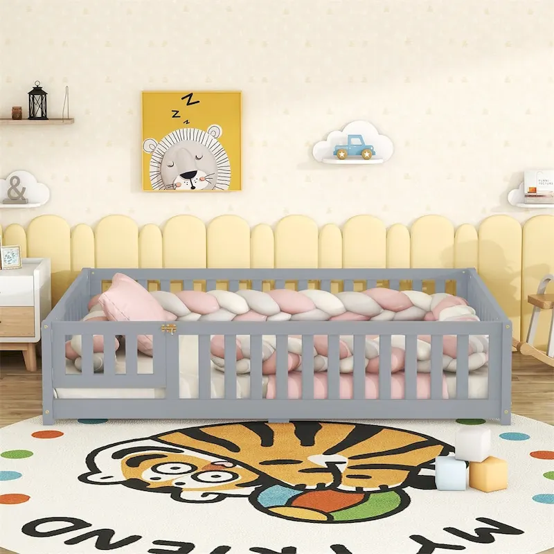 Grey / Natural / Pink / White Full Size Floor Bed with Rails & Door, for 1 Child