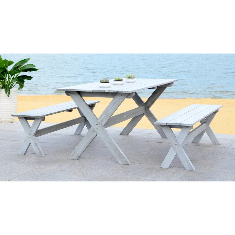 SAFAVIEH Outdoor Living Marina Grey 3-piece Table and Bench Dining Set - 35