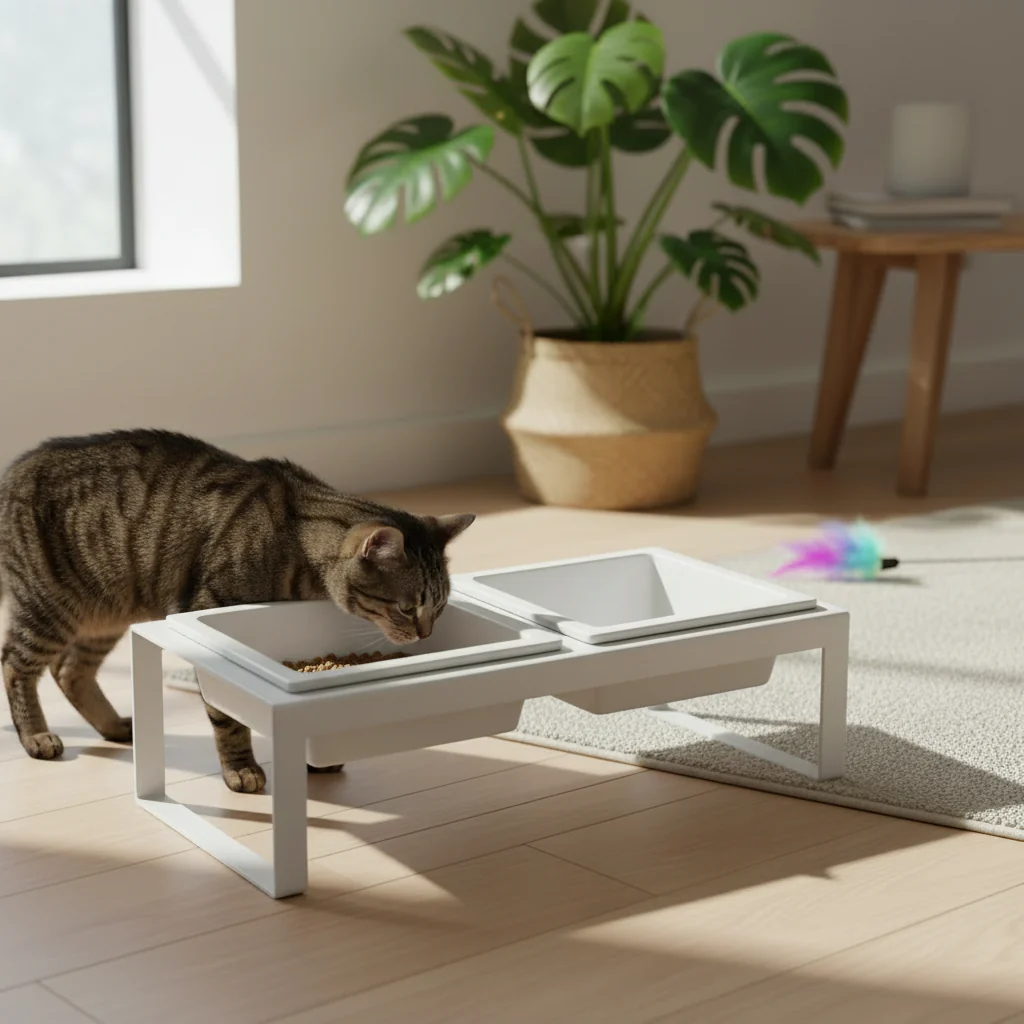Elevated Pet Food Bowl Stand - Ceramic Bowls with Steel Frame (White/Black)