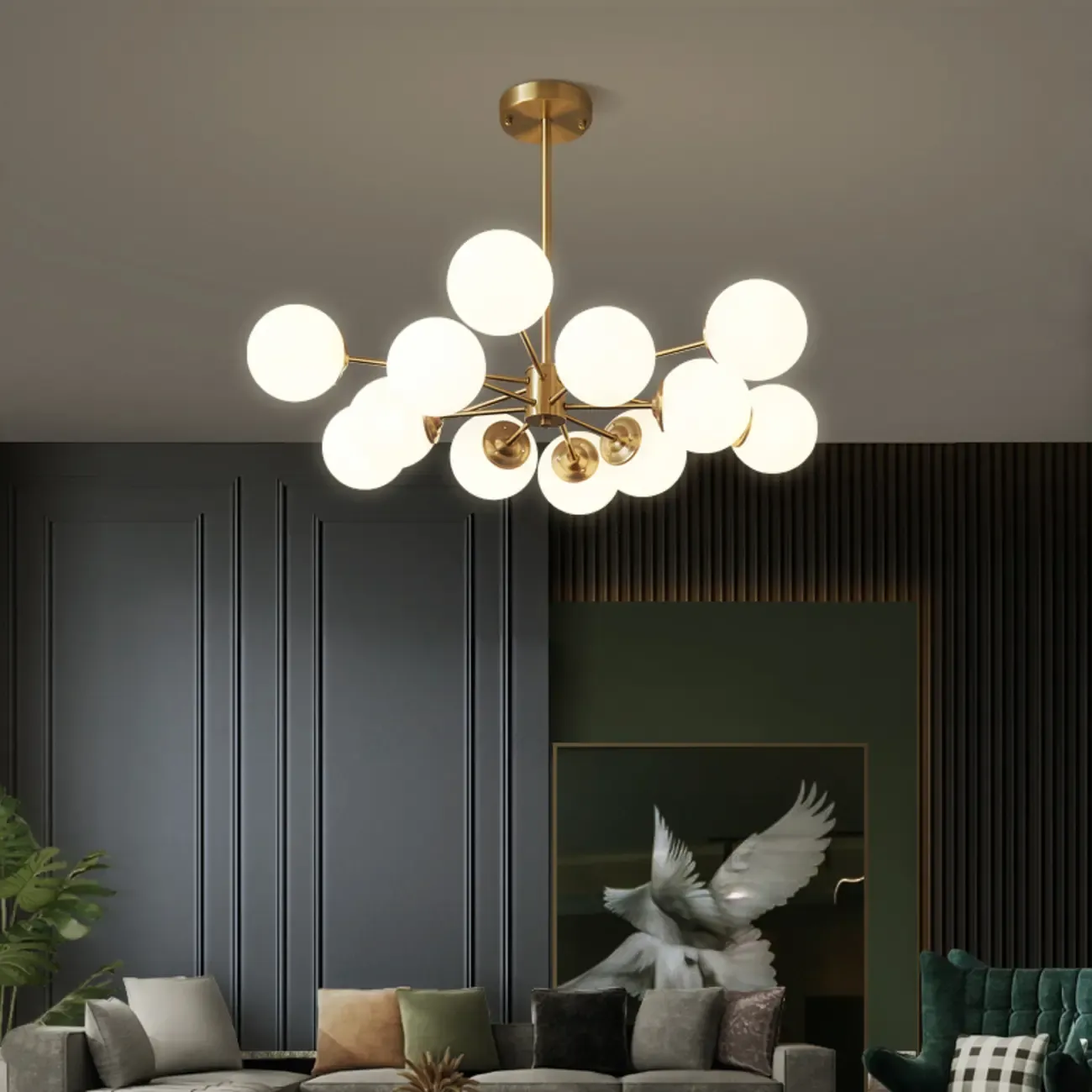 Modern Gold Sputnik Chandelier with White Glass Globe