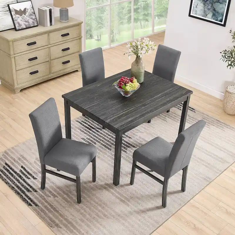 Rustic Style 5-Piece Dining Set with Rectangular Small Space Table and 4 Upholstered Dining Chairs