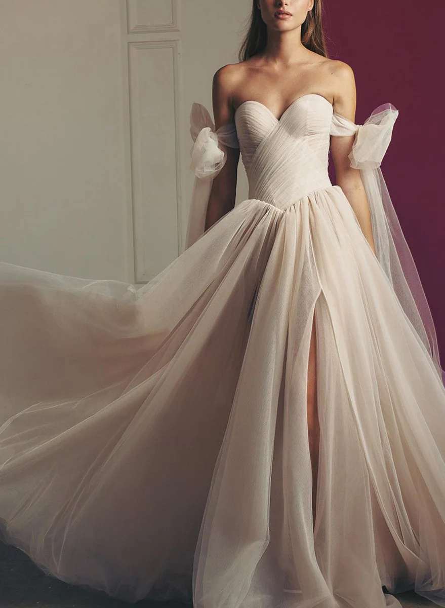Beach Pleated Tulle Off-The-Shoulder A-Line Wedding Dresses With Slit
