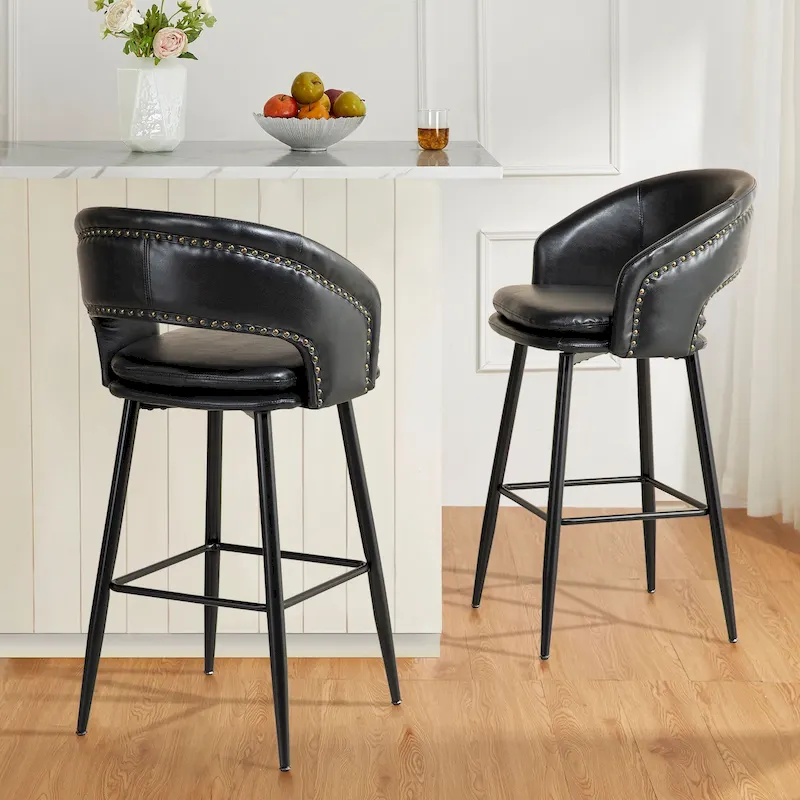 Mid-Century Modern Faux Leather Bar Stool with Nailhead Trim & Metal Legs – Black / Brown