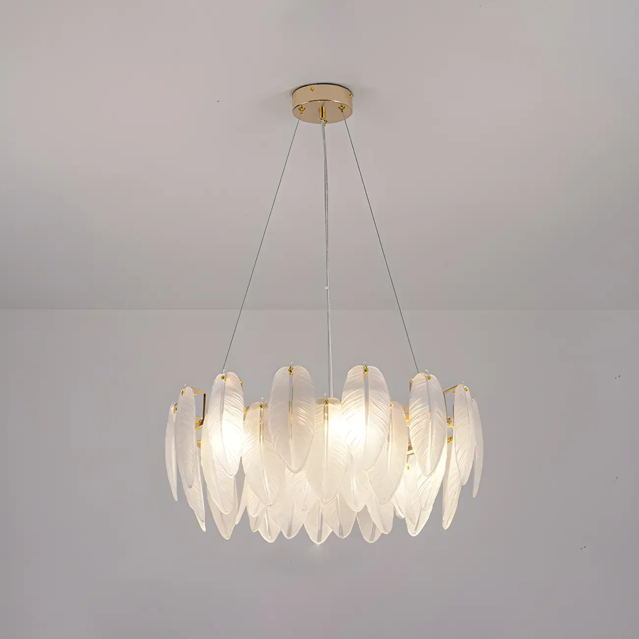 Elegant White Glass Feather Round Chandelier