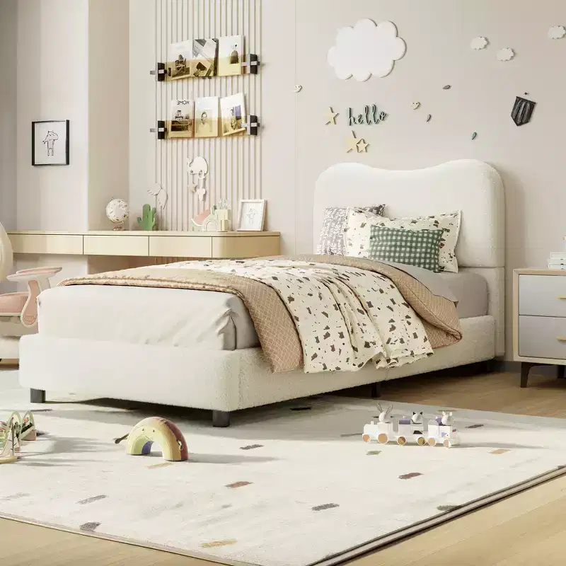 COZONY Velvet Upholstered Platform Bed Frame, Round Corner Low Profile Design Wooden Slat Support