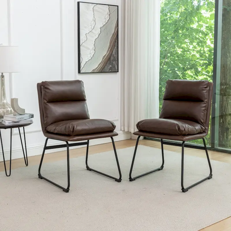 Upholstered Sled-Base Dining Chair, Brown / Off White, Set of 2