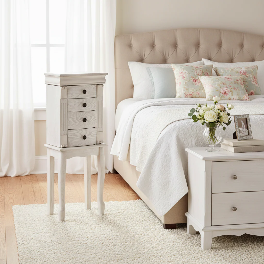 Jewelry Armoire with Mirror & Drawers – Cream White, 4 Drawers & 6 Hooks