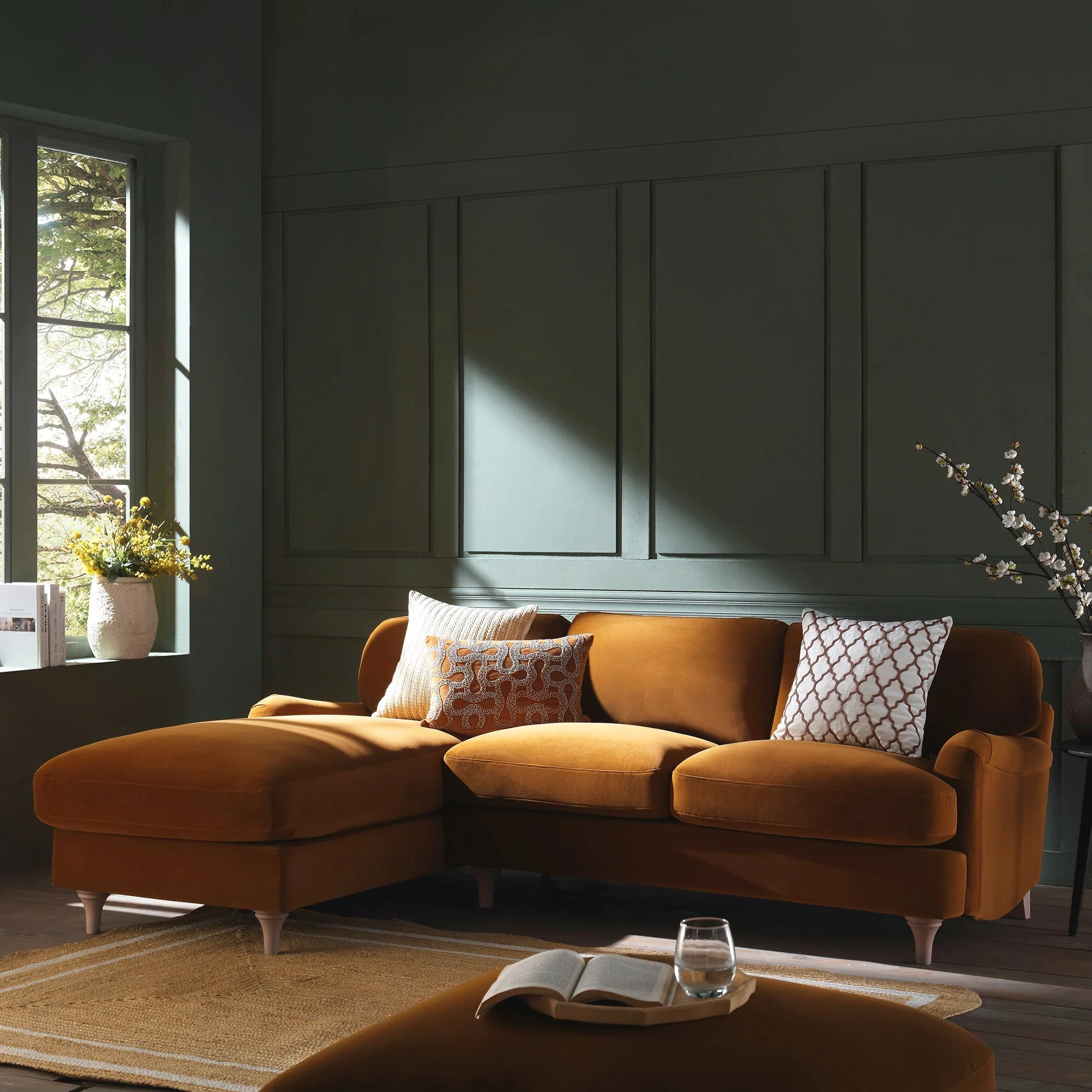 Cinnamon Velvet Sofa, Grande Chaise Sofa Left Hand Facing