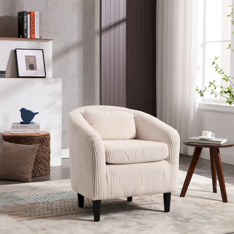 Beige / Gray / Emerald / Black / Camel / Blue Corduroy Barrel Accent Chair with Wood Legs – 1 Person