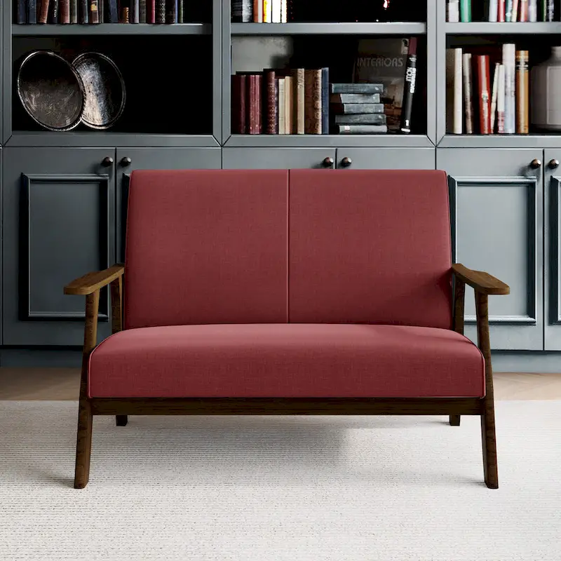 Mid-Century Modern Loveseat 2-Seater Sofa with Wooden Arms - Light Gray Linen Upholstery 46.69