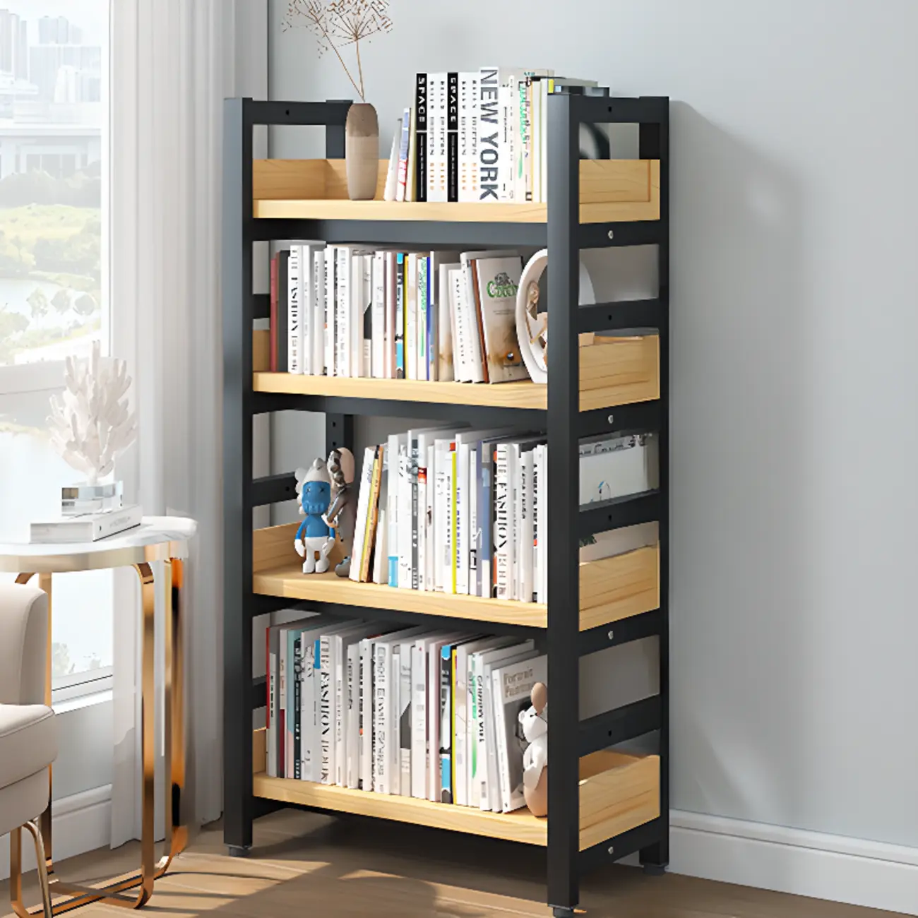 Freestanding Simple Multi-Layer Wood Bookshelf in Steel Frame