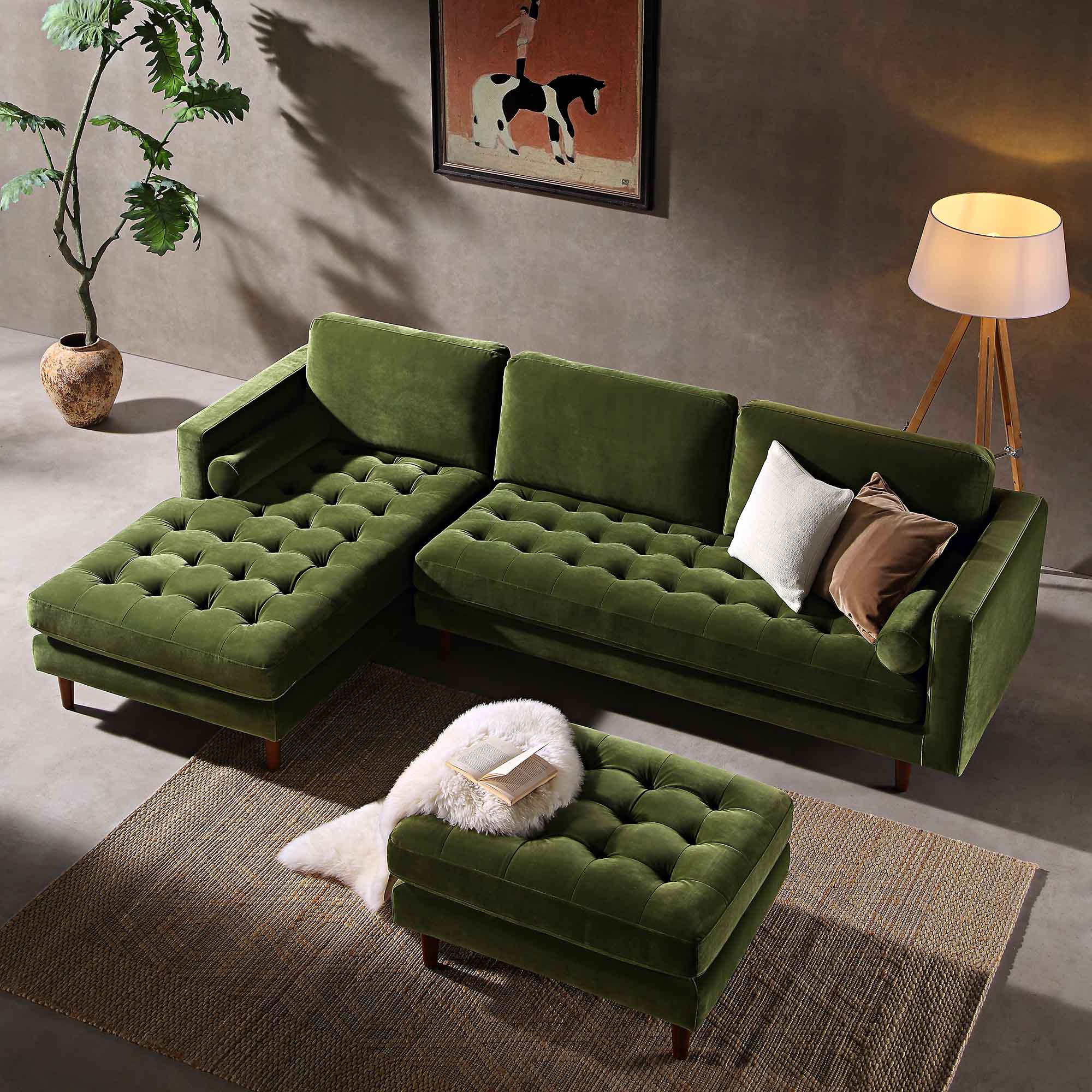 Moss Green Velvet Grand 4-Seater Chaise End Sofa, Left Hand Facing