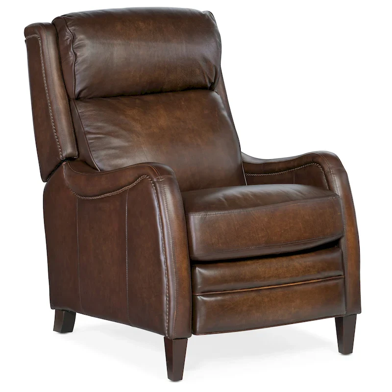 Walnut / Brown Leather Manual Pushback Recliner with Dark Wood Finish - Single Use