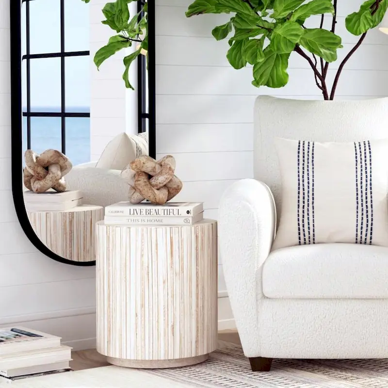 White Distressed Teak Wood Plank Drum End Table – Single