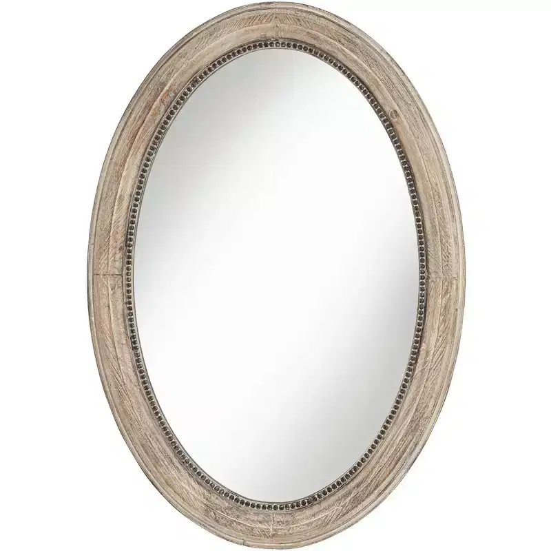Noble Park Zahra Oval Vanity Decorative Wall Mirror Rustic Farmhouse Beaded Trim Natural Wood Frame 23 1/2 Wide for Bathroom Bedroom Living Room Home