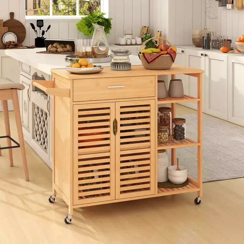 Natural Bamboo Kitchen Island Cart with Drawer, Cabinet & Lockable Wheels (1-Person Assembly)