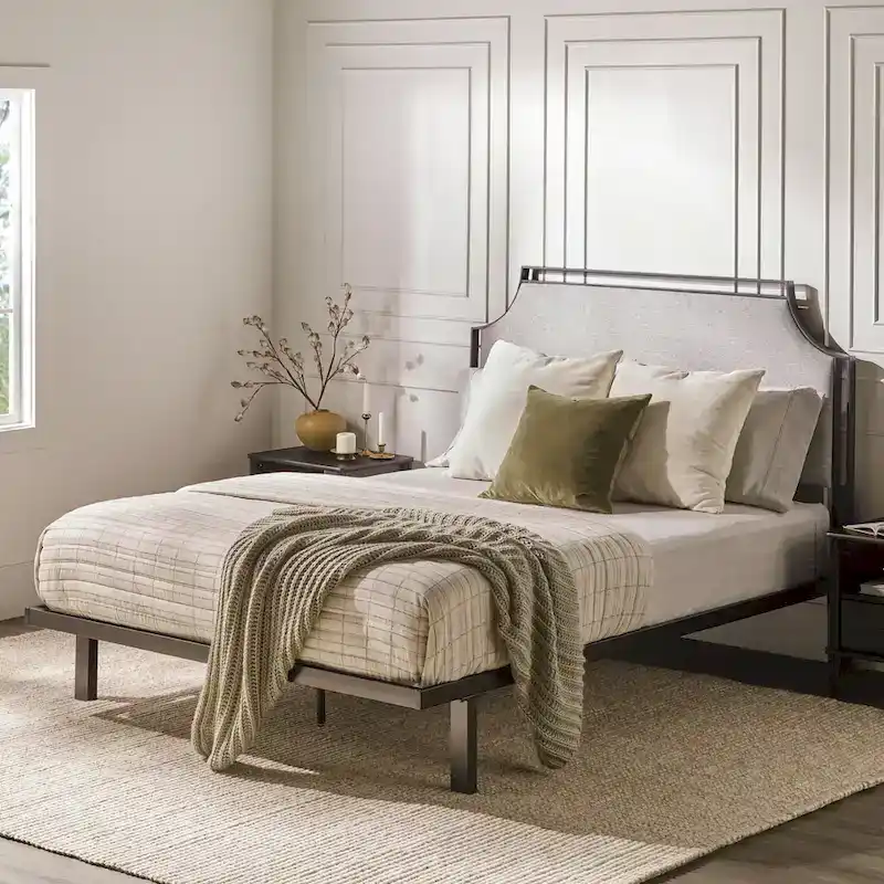Upholstered Curved Metal Queen Bed Frame