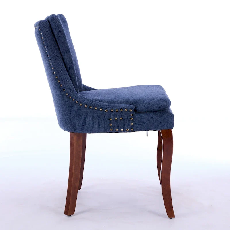 Double-layer Cushioned Dining Chairs Set of 2 Chenille Mid-Back Chair with Nailhead Trim Side Chair with Bent Wood Legs