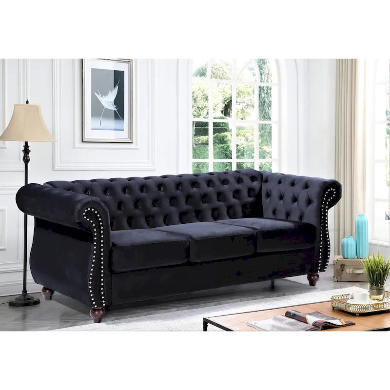 Velvet Chesterfield 3-Seater Sofa with Tufted Back