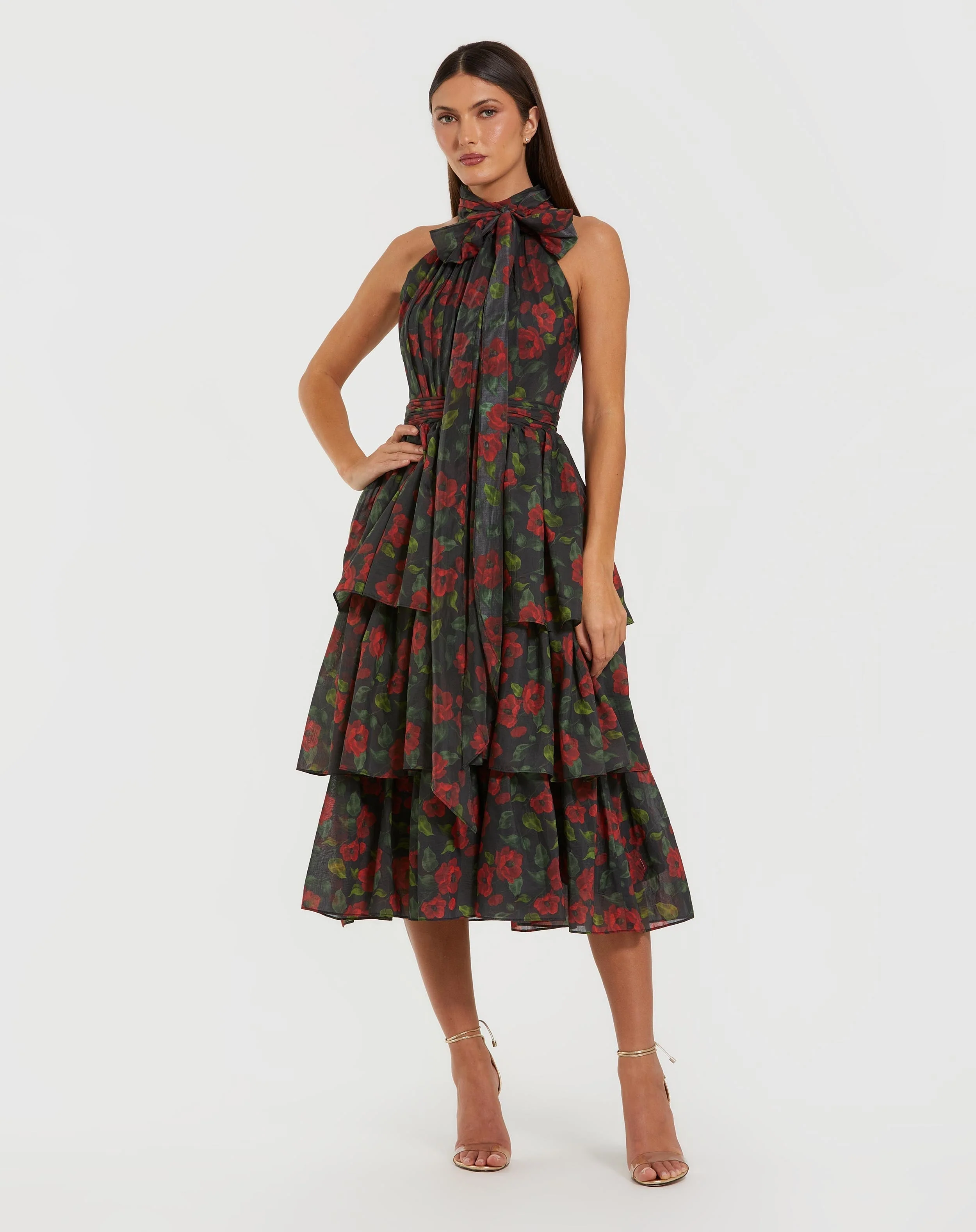 Black Floral Chiffon Tiered Midi Dress with Neck Bow