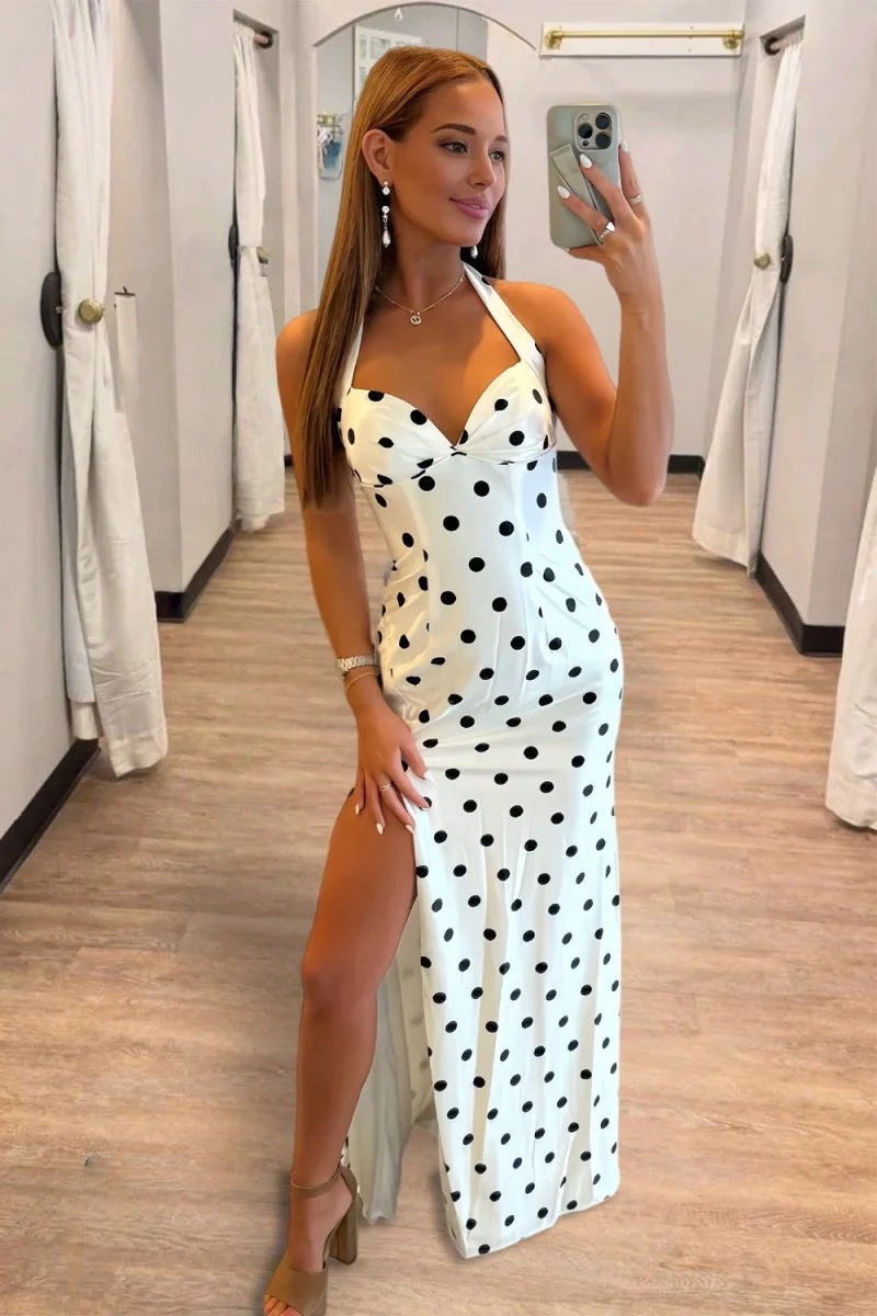 Black-White Halter Sheath Polka Dots Long Formal Prom Dresses With Slit