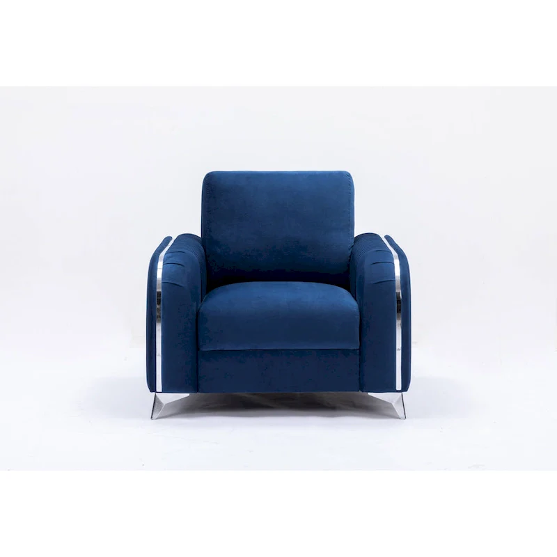 Blue Modern 38 Velvet UpholsteredAccent Chair with Polished Chrome Trim Legs and Vertical Pleated Design