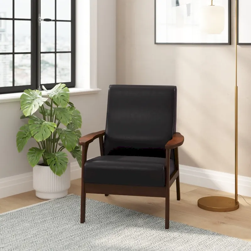 Mid-Century Modern Armchair with Wooden Frame and Faux Leather Cushions