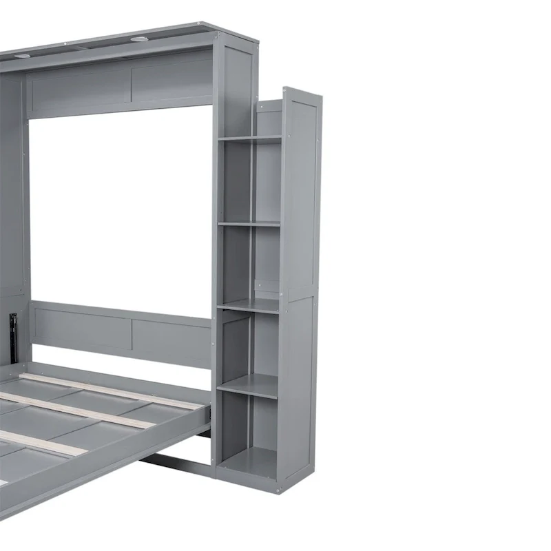 Merax Queen Size Murphy Bed Wall Bed with Shelves and LED Lights