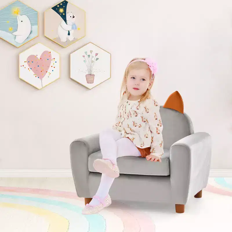 Costway Kids Sofa Children Armrest Chair with Sturdy Wood Construction and Dutch Velvet Pink Rabbit