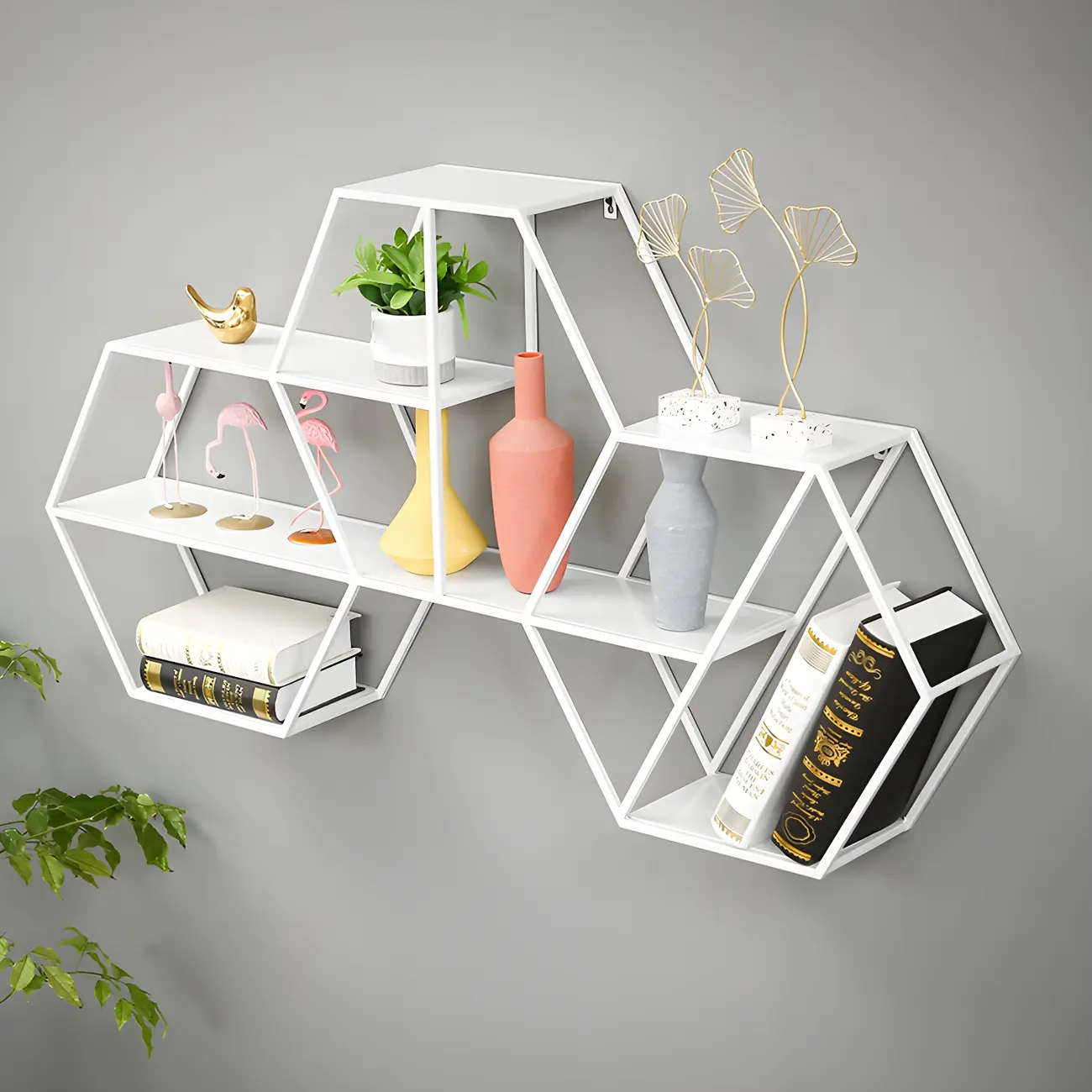 Modern Metal Wall-Mounted Hexagon Bookcase for Home