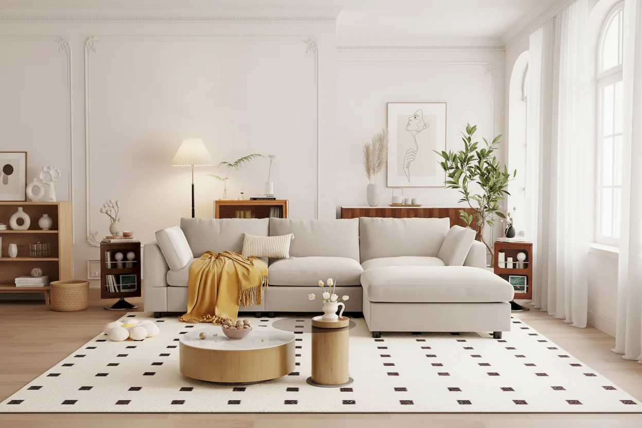 Beige L-Shaped Sectional Sofa for 3-4, Adjustable Footrest, Reversible Chaise