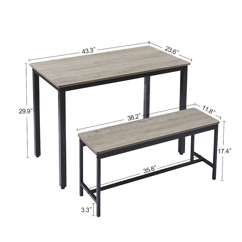 Industrial Rectangle Dining Table Set with 2 Benches Breakfast Nook Dining Table Set Kitchen Dining Table Set Metal Legs