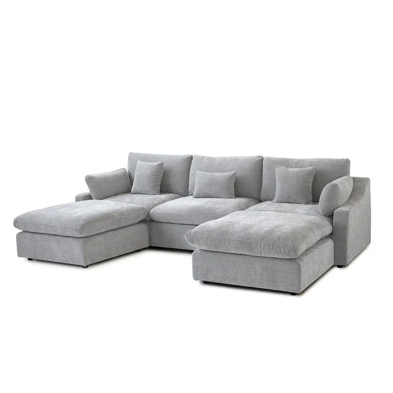 Classic Modern Linen Sectional Modular Sofa 3-Seater with 2 Ottomans, U-shaped Down Filled Cloud Couch with Cushions