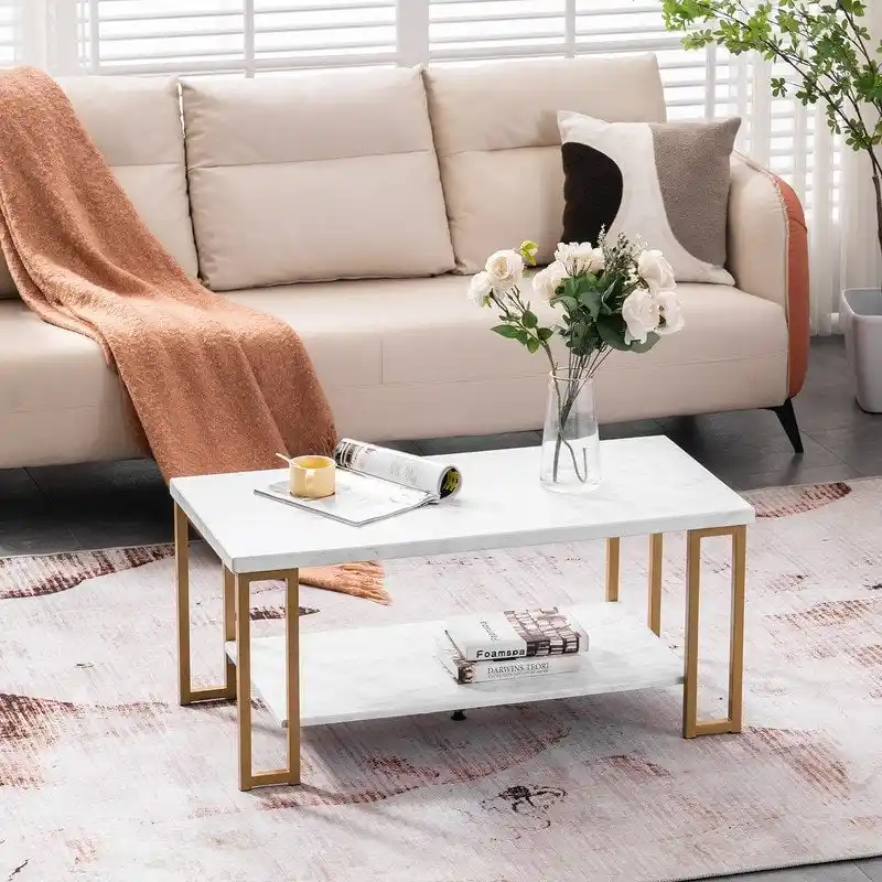 Double-layer Golden Iron Pipe Marble PVC Coffee Table